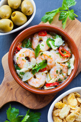 Spanish gambas tapas -  freshly cooked king prawns with garlic, chili and parsley.