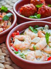 Spanish gambas tapas -  freshly cooked king prawns with garlic, chili and parsley.