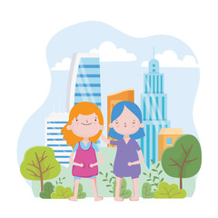 Obraz na płótnie Canvas happy childrens day little girls cartoon standing grass urban background