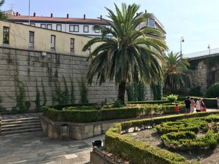 Obraz premium Ourense, Ourense / Spain - August 20 2018: View of the hot spring zone of Fonte Das Burgas in the city center of Ourense in Galicia during a sunny day