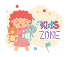 kids zone, little doll with teddy bear and rabbit