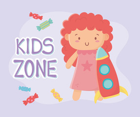kids zone, cute little doll with pink dress and rocket toys