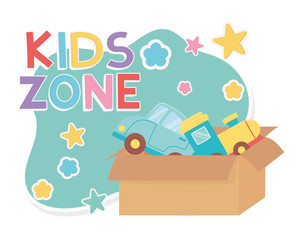 kids zone, cardboard box with train and car toys