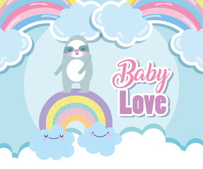 baby shower cute sloth rainbow with clouds cartoon © Stockgiu