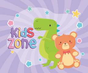 kids zone, teddy bear and green dinosaur toys