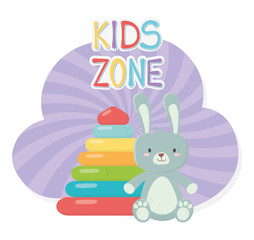 kids zone, rubber pyramid and rabbit furry toys