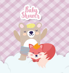 Obraz na płótnie Canvas baby shower cute bear with short pants and fox cartoon
