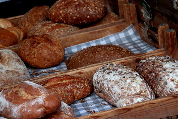 Luxurious sorts of bread at a market