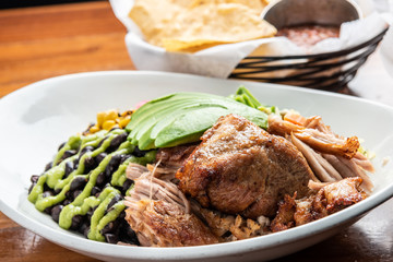 Mexican carnitas and tortilla chips with salsa