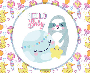 baby shower cute sloth and star world hearts love cartoon © Stockgiu