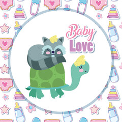 baby shower cute turtle and sleeping raccoon cartoon