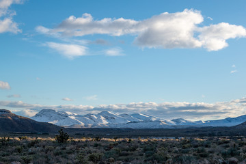 USA, Nevada, Clark County, Red Rock Canyon National Conservation Area. Snow covering the Bird Springs Range seen from the First Creek Trail