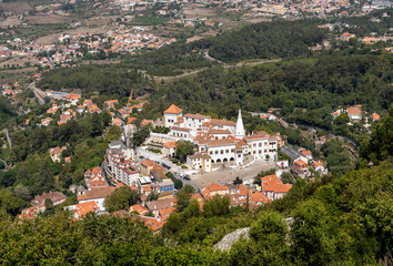 Fototapeta na wymiar Aerial view of the town of Sintra and the National Palace from the walls of Moorish castle