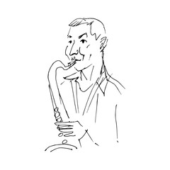 Saxophonist cartoon character, linear hand draw vector illustration.