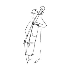 Continuous one line drawing of bass cello music instrument player. Girl playing classical double basses vector illustration cute sketch hand drawn lineart
