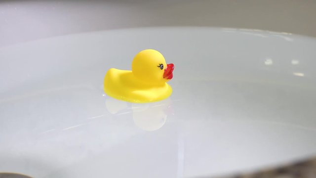 Yellow rubber duck in the bathroom sink.