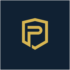 initial Letter P with Shield frame line art element. Shield Line geometry  for Security logo. Logo Icon Template for Web and Business Card, Letter Logo Template on Black Background. - vector
