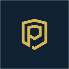 initial Letter P with Shield frame line art element. Shield Line geometry  for Security logo. Logo Icon Template for Web and Business Card, Letter Logo Template on Black Background. - vector