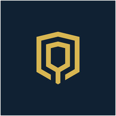 initial Letter Q with Shield frame line art element. Shield Line geometry  for Security logo. Logo Icon Template for Web and Business Card, Letter Logo Template on Black Background. - vector