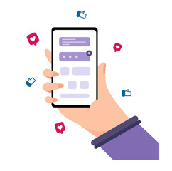 Hand holding smartphone with social media notification concept vector. Ready to use for your any media. Flat illustration EPS 10