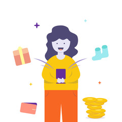 Happy Female Shopping Online on Website or Mobile Application Vector Concept Digital marketing. Flat Illustration EPS 10