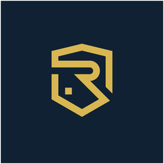 initial Letter R with Shield frame line art element. Shield Line geometry  for Security logo. Logo Icon Template for Web and Business Card, Letter Logo Template on Black Background. - vector