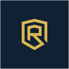 initial Letter R with Shield frame line art element. Shield Line geometry  for Security logo. Logo Icon Template for Web and Business Card, Letter Logo Template on Black Background. - vector