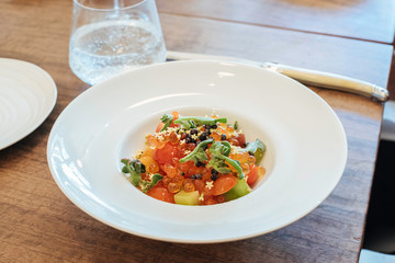 Close up of an experimental trendy brunch dish