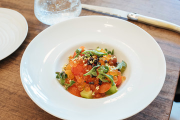 Close up of an experimental trendy brunch dish