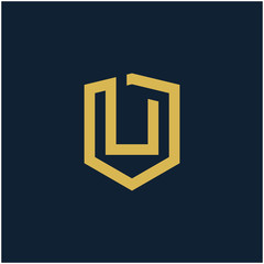 initial Letter U with Shield frame line art element. Shield Line geometry  for Security logo. Logo Icon Template for Web and Business Card, Letter Logo Template on Black Background. - vector