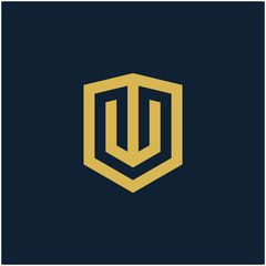 initial Letter W with Shield frame line art element. Shield Line geometry  for Security logo. Logo Icon Template for Web and Business Card, Letter Logo Template on Black Background. - vector