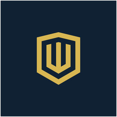 initial Letter W with Shield frame line art element. Shield Line geometry  for Security logo. Logo Icon Template for Web and Business Card, Letter Logo Template on Black Background. - vector