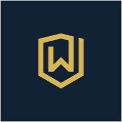 initial Letter W with Shield frame line art element. Shield Line geometry  for Security logo. Logo Icon Template for Web and Business Card, Letter Logo Template on Black Background. - vector