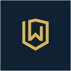 initial Letter W with Shield frame line art element. Shield Line geometry  for Security logo. Logo Icon Template for Web and Business Card, Letter Logo Template on Black Background. - vector