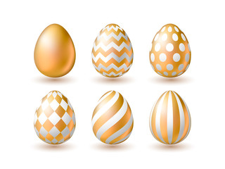 Realistic golden eggs isolated on white background. Set of 3d easter eggs with patten for design of card, banner, logo, flayer, label, icon, badge, sticker. Vector illustration EPS10.