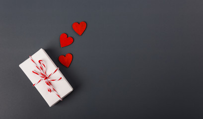 Valentine's day Concept, flat lay top view, White Gift Box and Red Heart