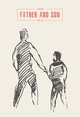 Father and son walking together draw vector sketch