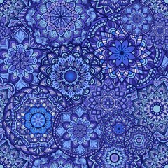 random Mandala doodle illustration design seamless pattern vector in indigo color tone concept 