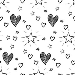 Seamless pattern with hand drawn stars and hearts isolated on white background. Vector illustration