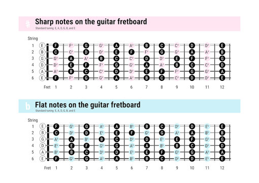 Sharp and flat notes on the guitar fretboard, all the notes on the guitar fretboard