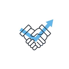 Up arrow shaking hands. Improving relationships, increasing trust. Vector linear icon on a white background.
