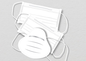 Anti virus and dust masks on light gray background with copy space for texts.