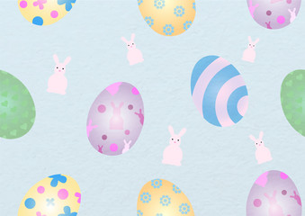 Colorful and Easter eggs with cute rabbits pattern isolate on blue background. Seamless background and wallpaper on Easter holiday.