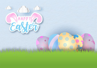 Heap colorful Easter eggs on grassland and light blue sky background with clouds and the name of event in vector design.