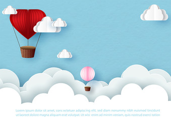 Obraz premium Red heart with little pink balloons on white clouds and blue sky background. Poster and greeting cards of Valentine's day in paper cut and vector design.