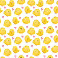 watercolor seamless pattern, yellow easter chickens with pink hearts on helen background
