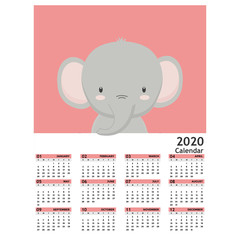 Cute calendar 2020 with little animal cartoon .Week starts from sunday.