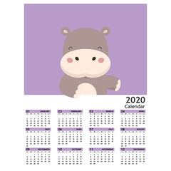 Cute calendar 2020 with little animal cartoon .Week starts from sunday.