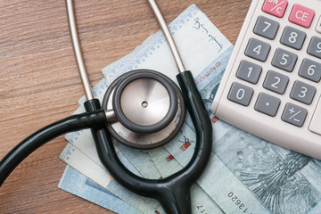 Medical concept : calculator on wood background