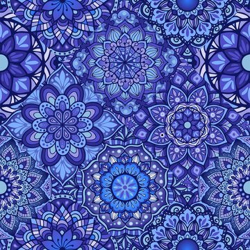 Porcelain tiles with  indigo blue Mandala set concept seamless pattern vector 